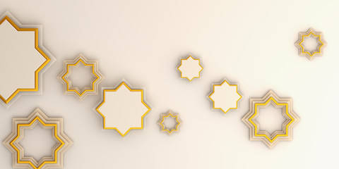 Ramadan kareem or eid al fitr adha, Arabic geometric star ornament on white background. Design creative concept of islamic celebration day, copy space text area, 3D rendering illustration.