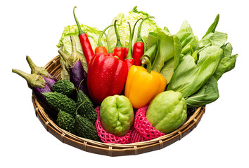 Fruits and vegetables in a basket.white backdrop with clipping path.