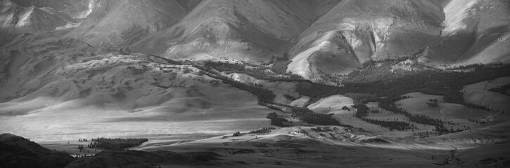 Dry Mongolian landscapes of Altai, landscape background, black and white