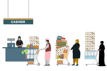 Customer waiting to check out their groceries Hoarding of food and supplies during the coronavirus pandemic vector concpet