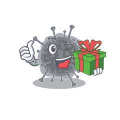 Smiling articulavirales cartoon character having a green gift box