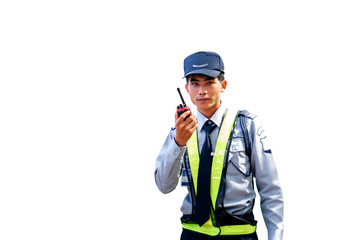 Asian security guard isolated on white background. Male security guard with portable radio...