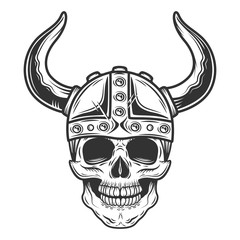 Vintage skull in the viking helmet in monochrome style isolated illustration