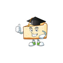 Mascot design concept of cheese cake proudly wearing a black Graduation hat