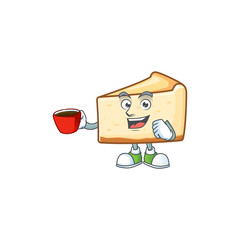 An image cartoon character of cheese cake with a cup of coffee