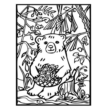 Coloring book. Vector illustration. A bear sits on a stump with a basket of berries. Around the branches of trees, plants, mushroom. Hand drawn.