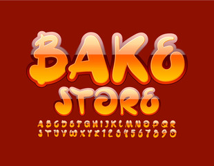 Vector bright banner Bake Store. Orange and Red Artistic Font. Shiny Alphabet Letters and Numbers