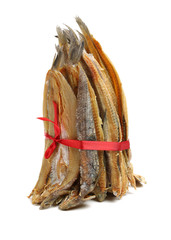 Dried salted fishes on white background