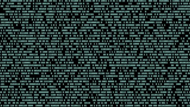 Binary numbers matrix in green on a black digital computer monitor screen. Data code in hacker or security technology concept. Abstract animated illustration.