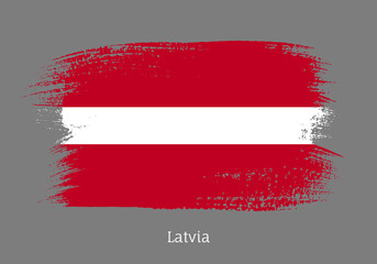 Latvia republic official flag in shape of paintbrush stroke. Latvian national identity symbol. Grunge brush blot isolated on grey background vector illustration. Latvia country patriotic stamp.