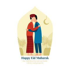 Two man hugging for forgive each other during eid fitr islam holiday after breaking the fast vector flat illustration with mosque door background and plant ornament