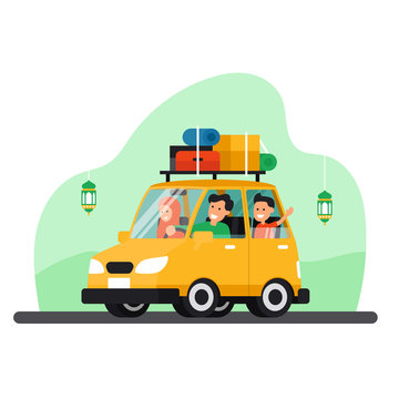 Muslim Family Travel Back To Hometown Parents Village With Car To Celebrate Eid Fitr Holiday Vector Illustration. Indonesian Mudik Tradition For Idul Fitri