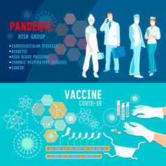 Coronavirus banner. COVID-19 (SARS-CoV-2). Development of a virus vaccine. Stop epidemic. Stay home. Vector illustration. Doctors wearing medical masks
