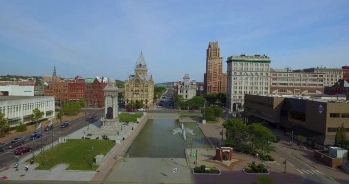 Syracuse, New York - 4K Aerial - approach over Clinton Square in downtown.