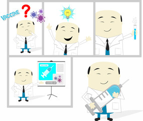 cartoon storyboard of asian scientist developing coronavirus vaccine. Isolated on white background