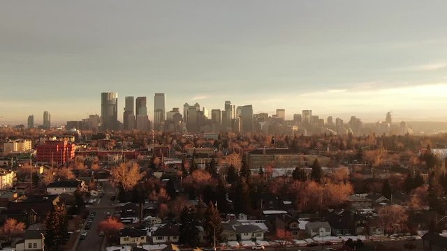 Aerial footage of Calgary, Alberta in Canada. Drone footage of Calgary's down town from the north facing south.