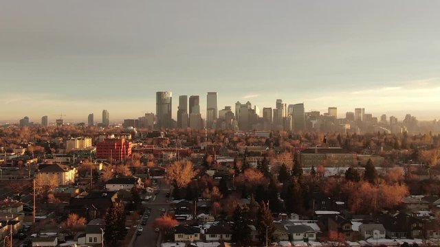 Aerial footage of Calgary, Alberta in Canada. Drone footage of Calgary's down town from the north facing south.