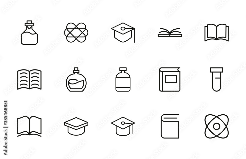Poster stroke line icons set of science.
