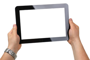 Man hoding black tablet frame in hand isolated on white closeup. Can insert an image image your text for the concept or project development of mobile applications, their advertising for mobile devices