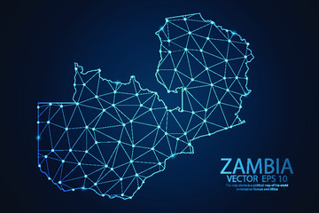 Abstract mash line and point scales on dark background with map of Zambia. Wire frame 3D mesh polygonal network line, design sphere, dot and structure. Vector illustration eps 10.