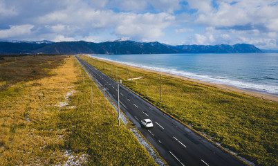 Obraz premium aerial view of landscape along the coastline of Hokkaido in winter time