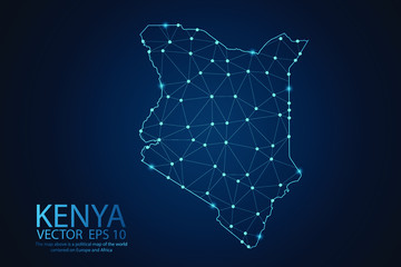 Abstract mesh line and point scales on dark background with map of Kenya. Wire frame 3D mesh polygonal network line, design sphere, dot and structure. Vector illustration eps 10.