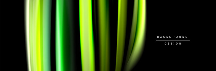 Silk and smooth flow wave poster design. Color waves, liquid style lines and shapes in black color background