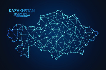 Abstract mash line and point scales on dark background with map of Kazakhstan. Wire frame 3D mesh polygonal network line, design sphere, dot and structure. Vector illustration eps 10.