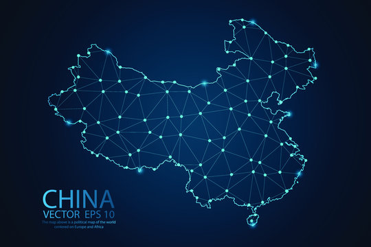 Abstract mash line and point scales on dark background with map of China. Wire frame 3D mesh polygonal network line, design sphere, dot and structure. Vector illustration eps 10.