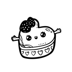 Kawaii cartoon style doodle character strawberry cake shape heart. Emoticon face icon. Hand drawn black ink illustration isolated on white background. Vector