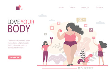 Love your body landing page template. Female blogger who leads healthy lifestyle. Cute lady and followers.