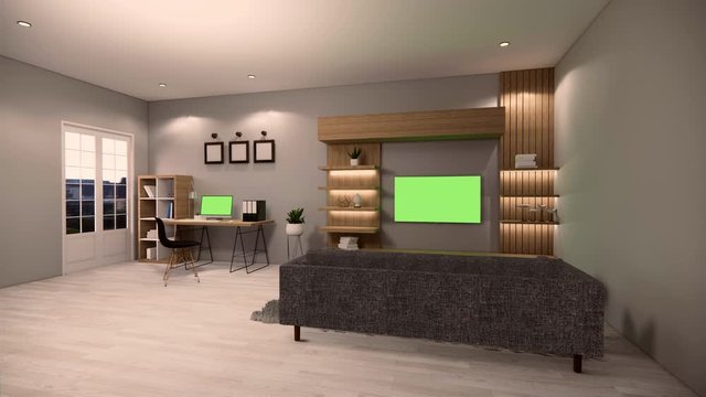 Interior of Living room or working area with TV and sofa with track green screen Work from home..3d Rendering.
