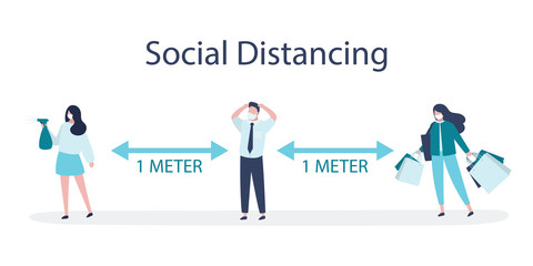 Social Distancing. Various people keeping distance for infection risk and disease. 1 meter distance between humans.