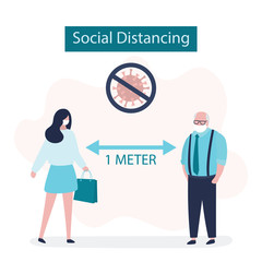 Social Distancing, two people keeping distance for infection risk and disease. 1 meter distance between humans.