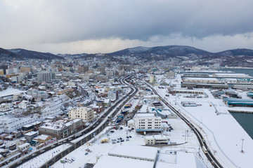 aerial panoramic view of Otaru city of winter time in Hokkaido,Japan 