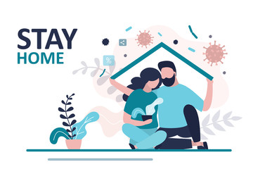 Stay home banner template. Love couple sitting home. Quarantine or self-isolation. Health care concept.