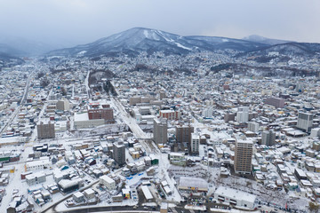 aerial panoramic view of Otaru city of winter time in Hokkaido,Japan 