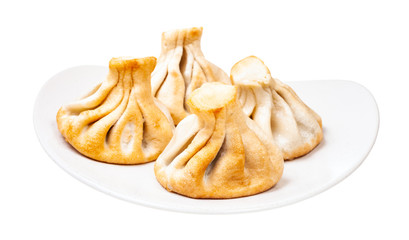 portion of fried khinkali on plate isolated