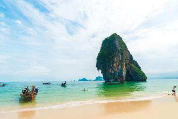 Idyllic Railay beach white sand with blue sky