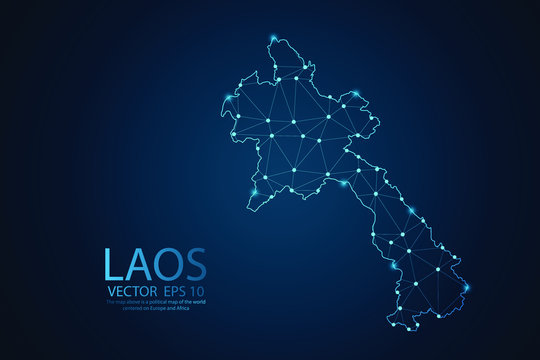 Abstract mash line and point scales on dark background with map of Laos. Wire frame 3D mesh polygonal network line, design sphere, dot and structure. Vector illustration eps 10