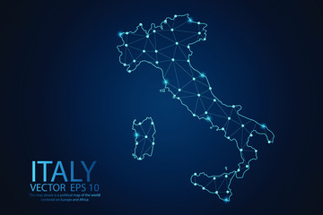 Abstract mash line and point scales on dark background with map of Italy. Wire frame 3D mesh polygonal network line, design sphere, Dot and structure. Vector illustration eps 10.
