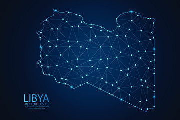 Abstract mash line and point scales on dark background with map of Libya. Wire frame 3D mesh polygonal network line, design sphere, dot and structure. Vector illustration eps 10.