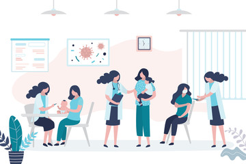 Vaccination of population. Women patients in clinic, doctors and hurse holding syringe and medicine. Vaccine for coronavirus.