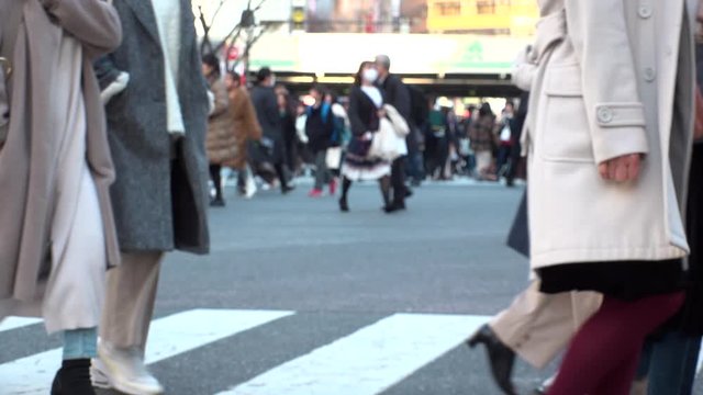TOKYO, JAPAN - FEB 2020 : Crowd of people at Shibuya Scramble Crossing in busy weekend. Pedestrians (Japanese people and tourist) at the street. Focus in front. City lifestyle concept. Slow motion.
