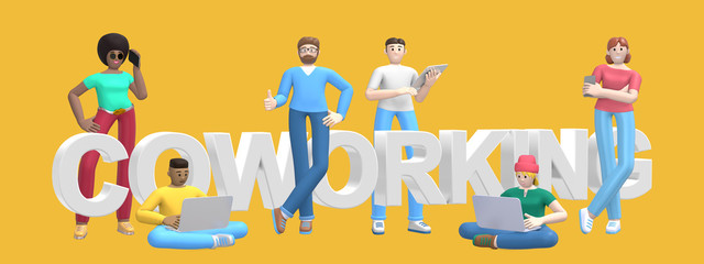 Group of young multiethnic successful people with laptop, tablet, phone and word coworking on yellow background. Horizontal banner cartoon character and text website slogan. 3D rendering.