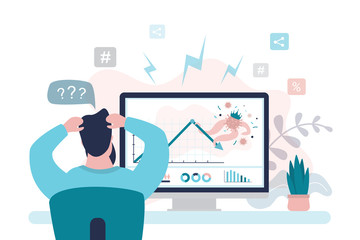 Charts of declining stocks and bonds due to viral infection. Unhappy and shocked trader.