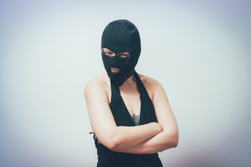 woman wearing balaclava or mask on head