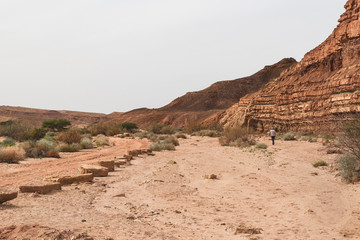 a single hiker walks beside the jeep 4x4 road and black trail in the sandy wadi ardon stream bed in the makhtesh ramon crater in israel with a large area of grey sky in the background