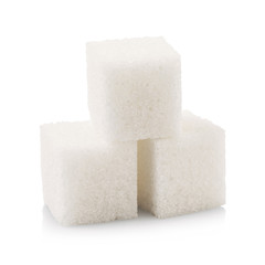 Three pieces of refined sugar isolated on a white background. Stacked photo