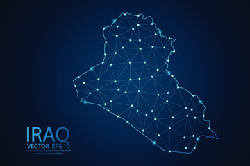 Abstract mesh line and point scales on dark background with map of Iraq. Wire frame 3D mesh polygonal network line, design sphere, dot and structure. Vector illustration eps 10. - obrazy, fototapety, plakaty